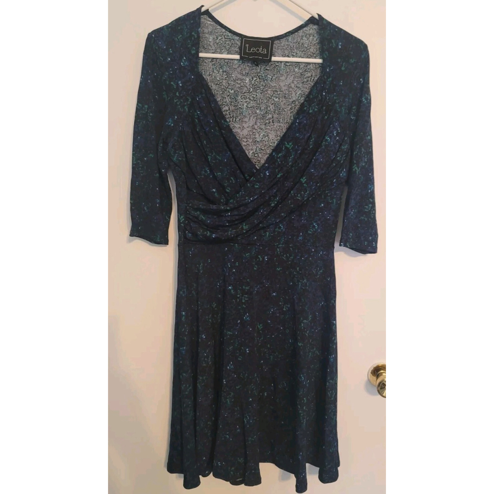 Leota Navy Green Cross Over Bust 3/4 Sleeve Dress PL